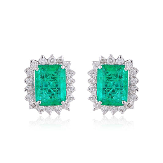 Real Emerald Solid 18 Kt White Gold SI Clarity HI Color Diamond Fine Stud Earrings