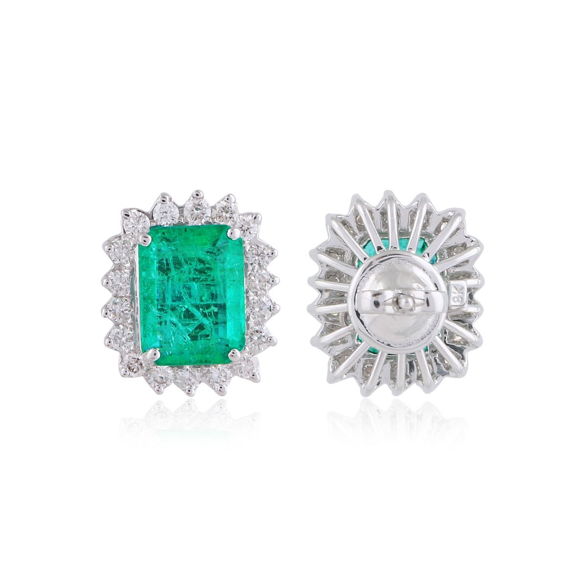 Real Emerald Solid 18 Kt White Gold SI Clarity HI Color Diamond Fine Stud Earrings