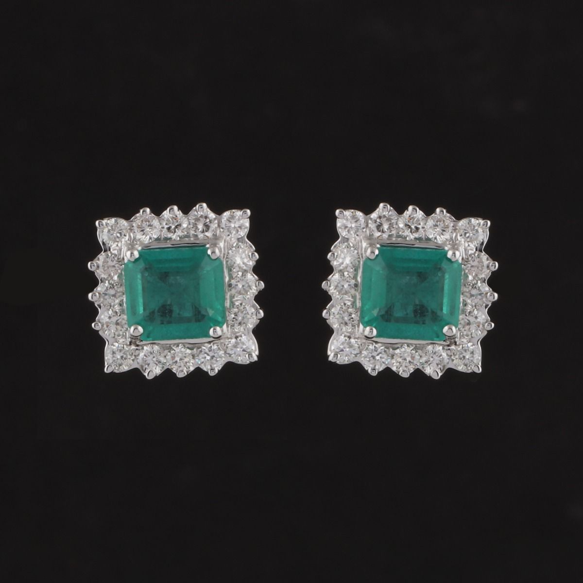 Genuine Emerald Solid 18 Kt White Gold SI Clarity HI Color Diamond Handmade Stud Earrings