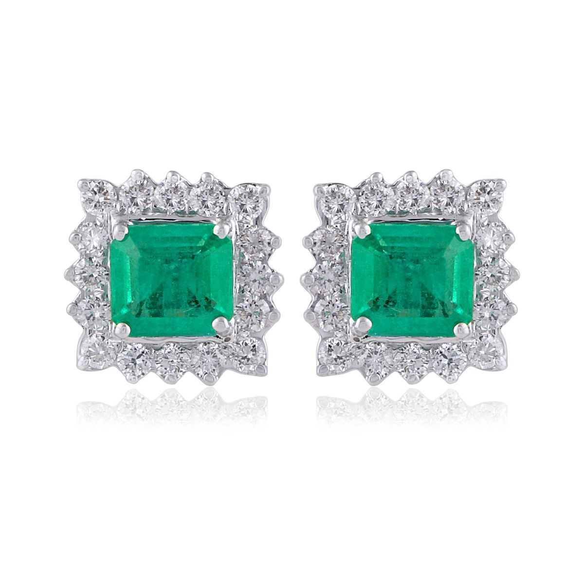 Genuine Emerald Solid 18 Kt White Gold SI Clarity HI Color Diamond Handmade Stud Earrings