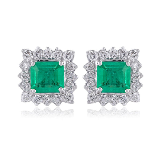 Genuine Emerald Solid 18 Kt White Gold SI Clarity HI Color Diamond Handmade Stud Earrings