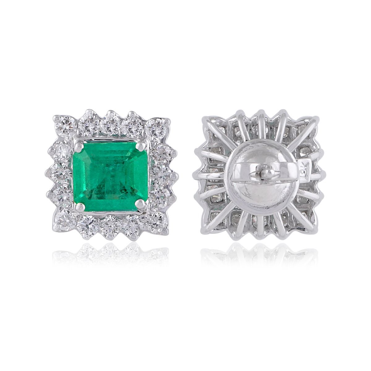 Genuine Emerald Solid 18 Kt White Gold SI Clarity HI Color Diamond Handmade Stud Earrings