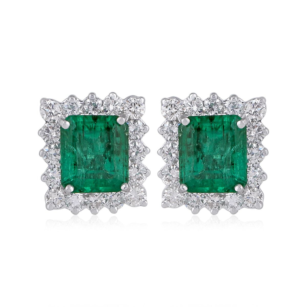 Natural Emerald Solid 18 Kt White Gold SI Clarity HI Color Pave Diamond Fine Stud Earrings