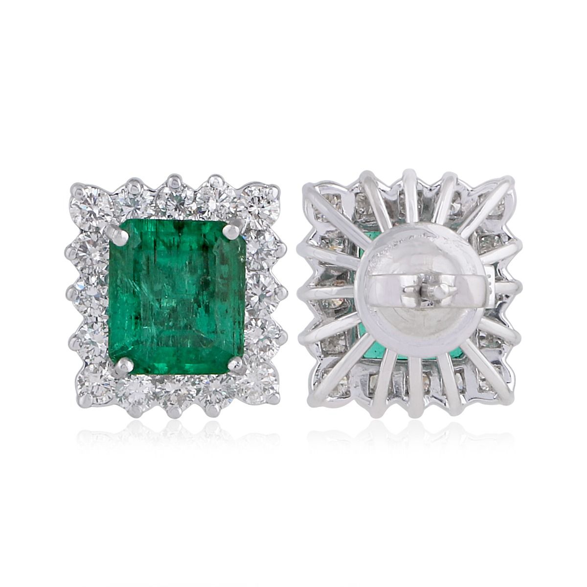 Natural Emerald Solid 18 Kt White Gold SI Clarity HI Color Pave Diamond Fine Stud Earrings