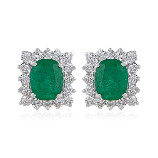 Genuine Emerald Solid 18 Kt White Gold SI Clarity HI Color Diamond Handmade Earrings