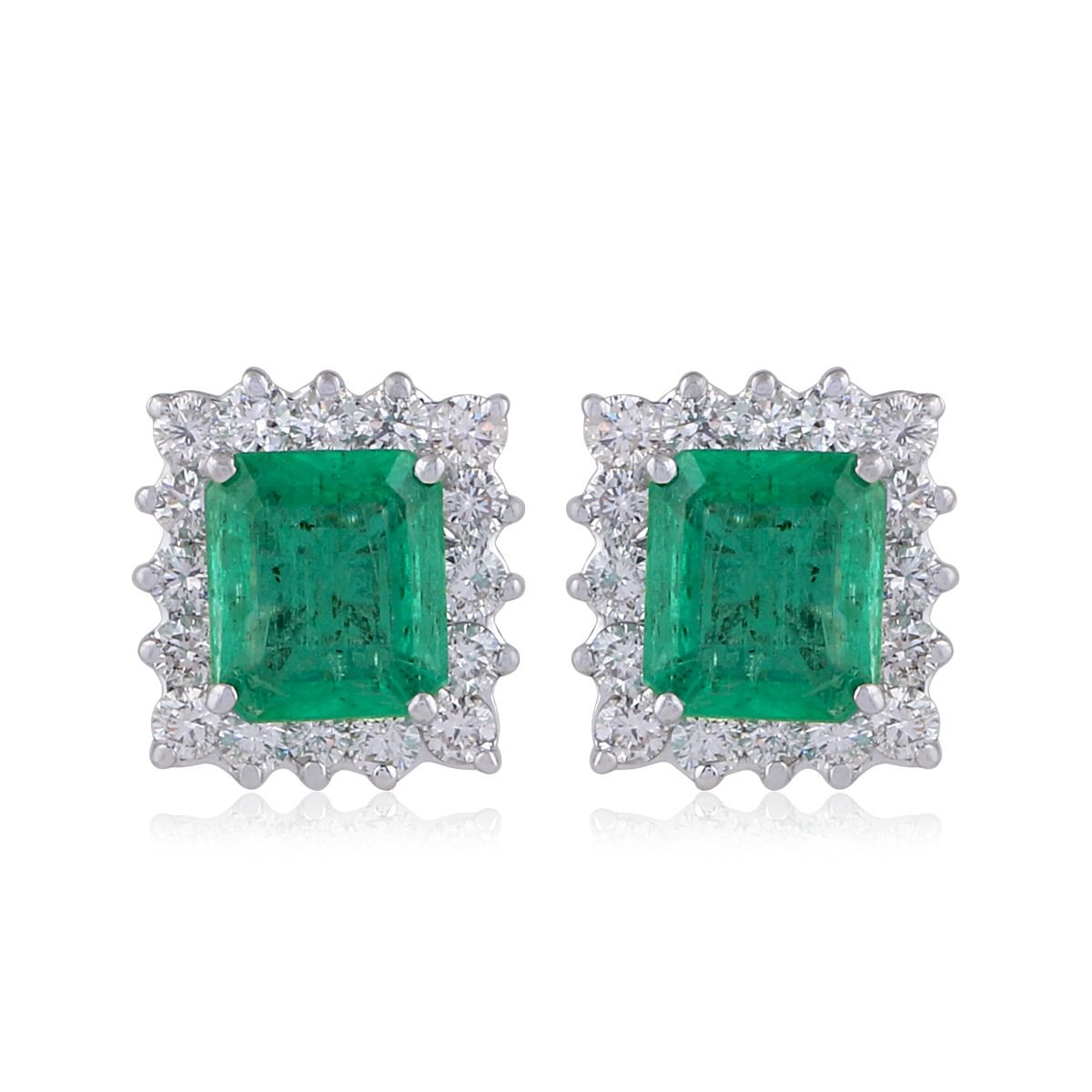 Natural Cushion Shaped Emerald Solid 18 Kt White Gold SI Clarity HI Color Diamond Fine Stud Earrings