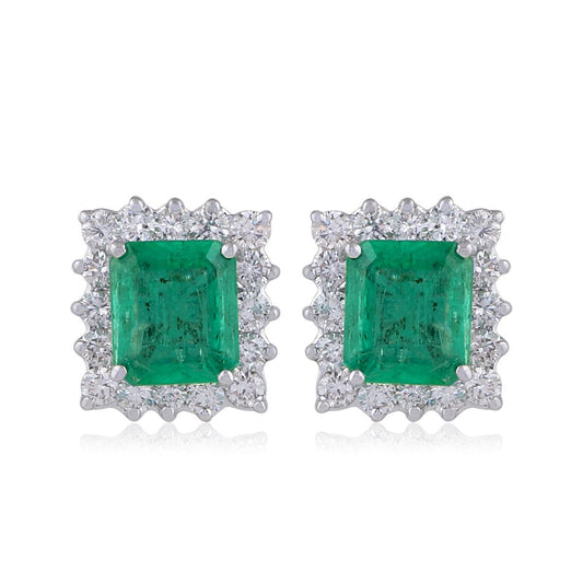 Natural Cushion Shaped Emerald Solid 18 Kt White Gold SI Clarity HI Color Diamond Fine Stud Earrings