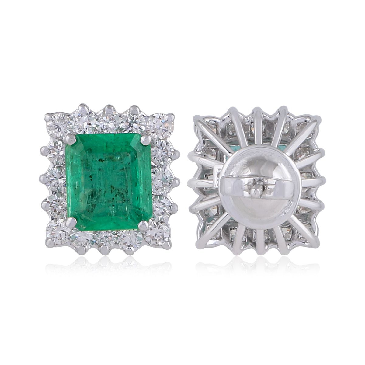 Natural Cushion Shaped Emerald Solid 18 Kt White Gold SI Clarity HI Color Diamond Fine Stud Earrings