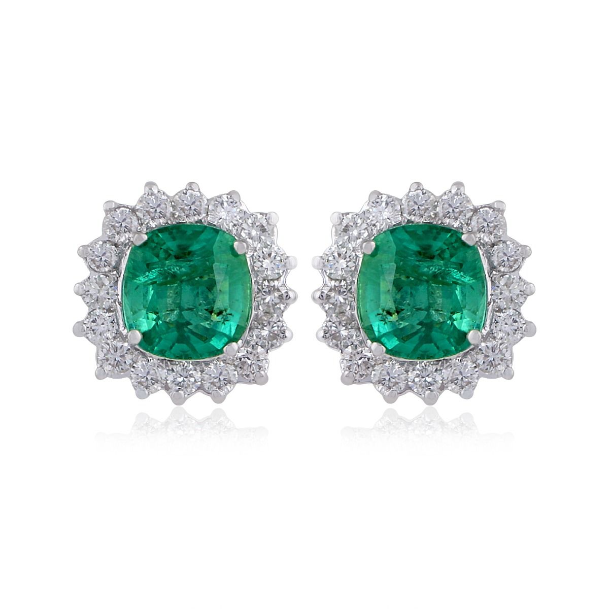 Natural Emerald & Round SI/HI Diamond Solid 18 Kt White Gold Fine Stud Earrings