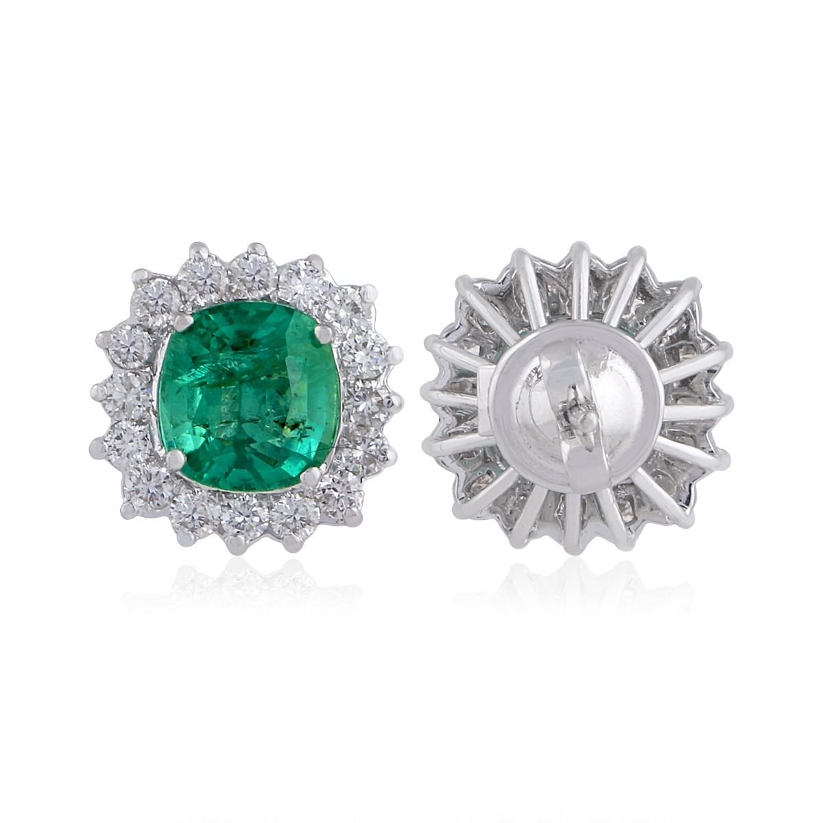 Natural Emerald & Round SI/HI Diamond Solid 18 Kt White Gold Fine Stud Earrings