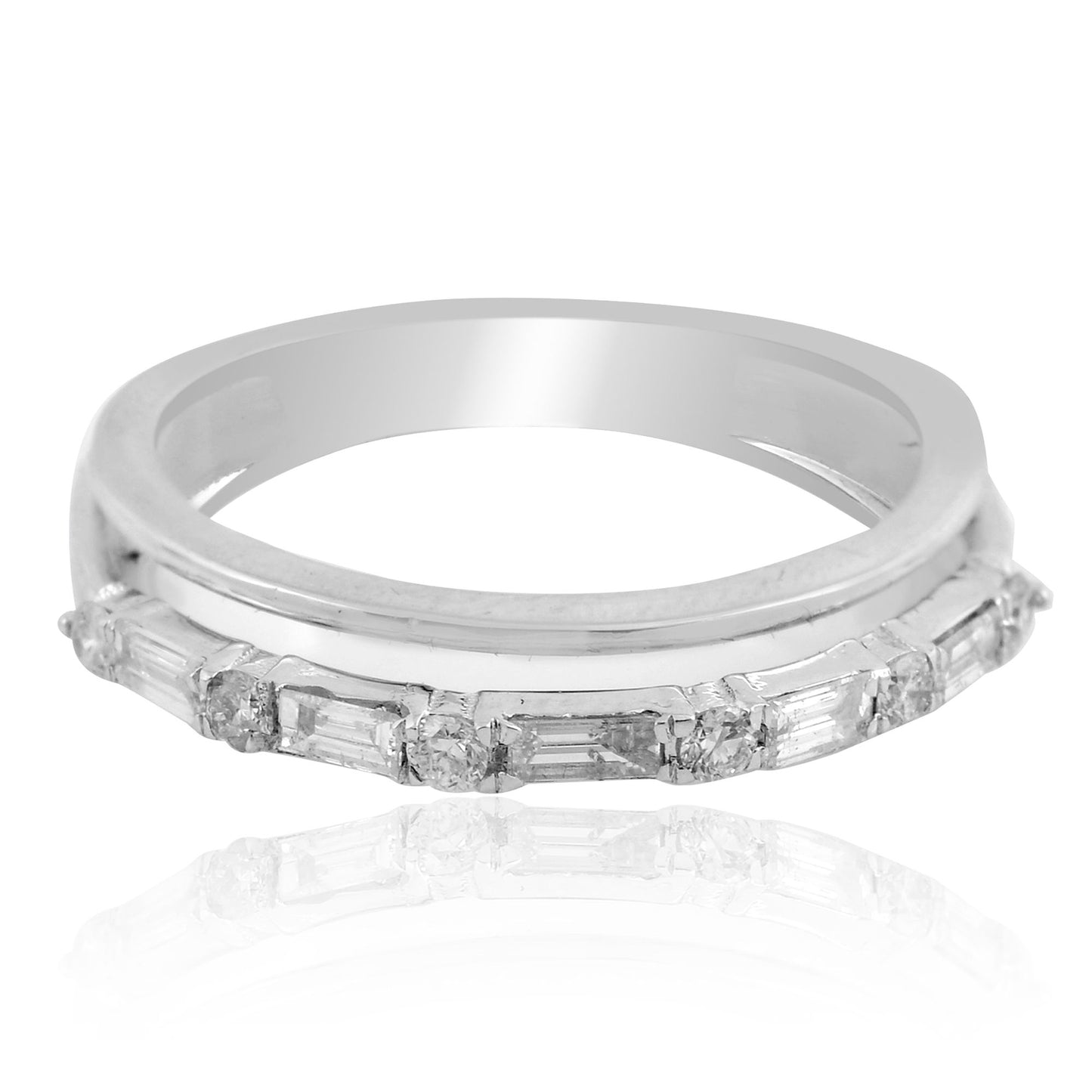 1 TCW Solid 18 Kt White Gold SI Clarity HI Color Baguette Diamond Double Band Solitaire Rings Gold Shop