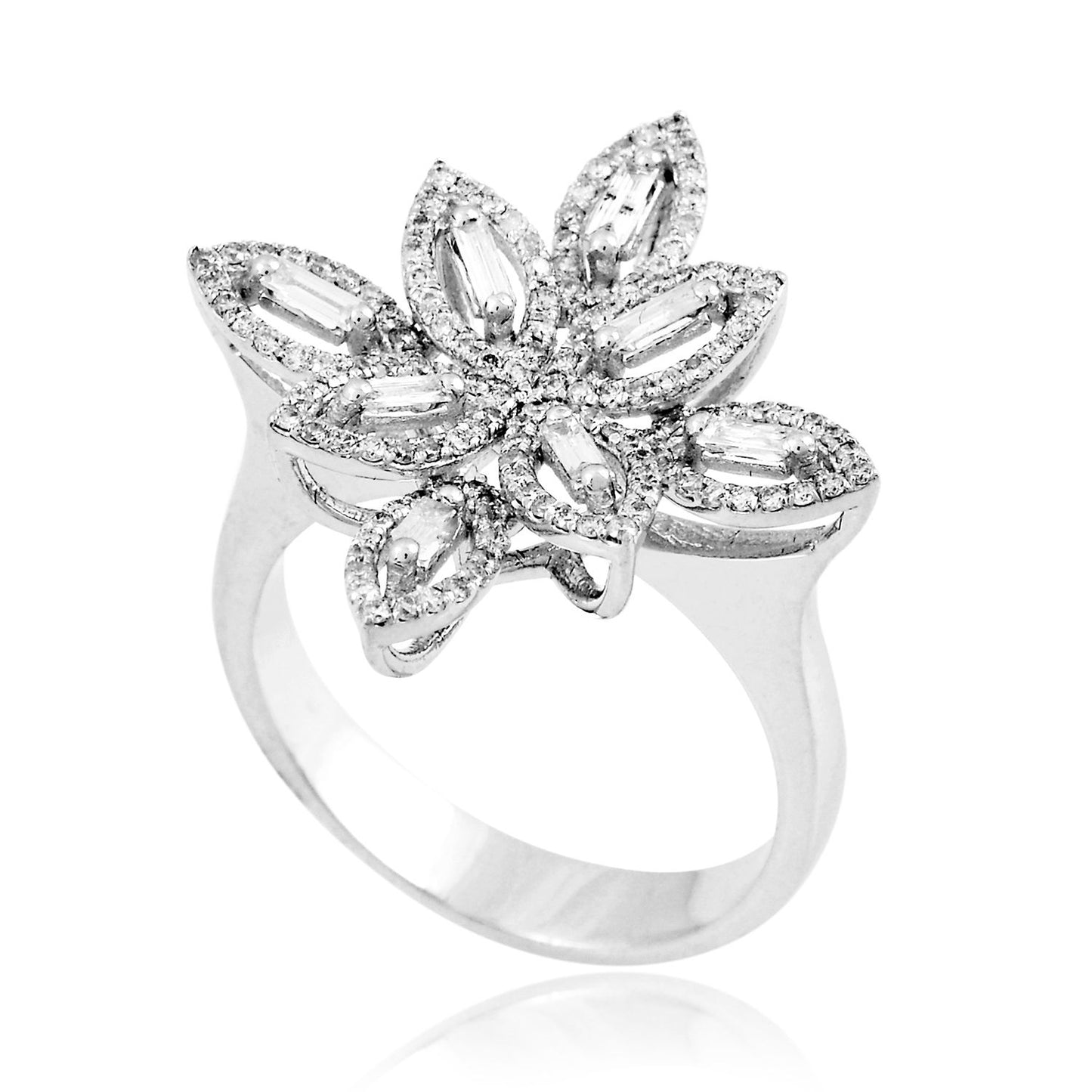 0.8 TCW Solid 18Kt White Gold SI Clarity HI Color Baguette Diamond Flower Design Ring Spetrum Jewelry