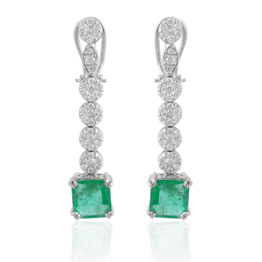 Real Emerald Solid 10Kt White Gold SI Clarity HI Color Diamond Fine Dangle Earrings