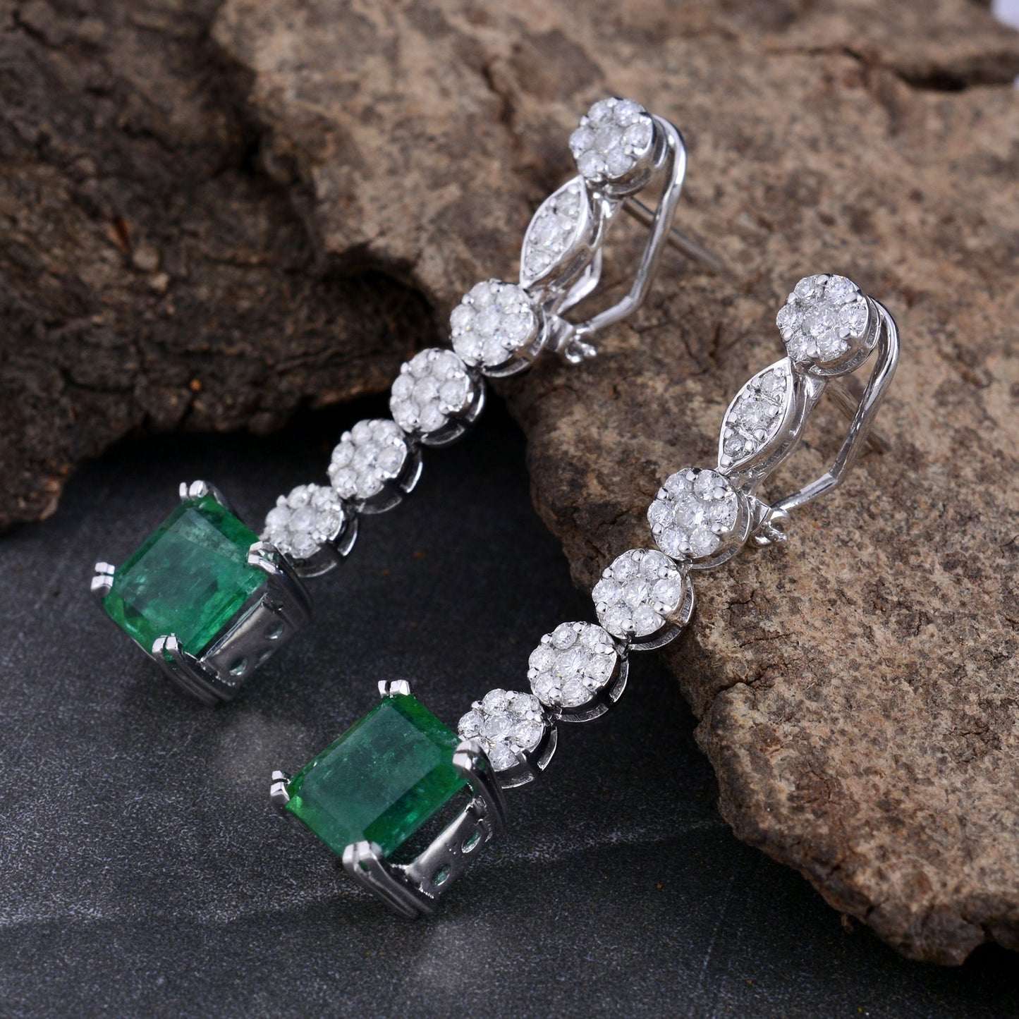 Real Emerald Solid 10Kt White Gold SI Clarity HI Color Diamond Fine Dangle Earrings