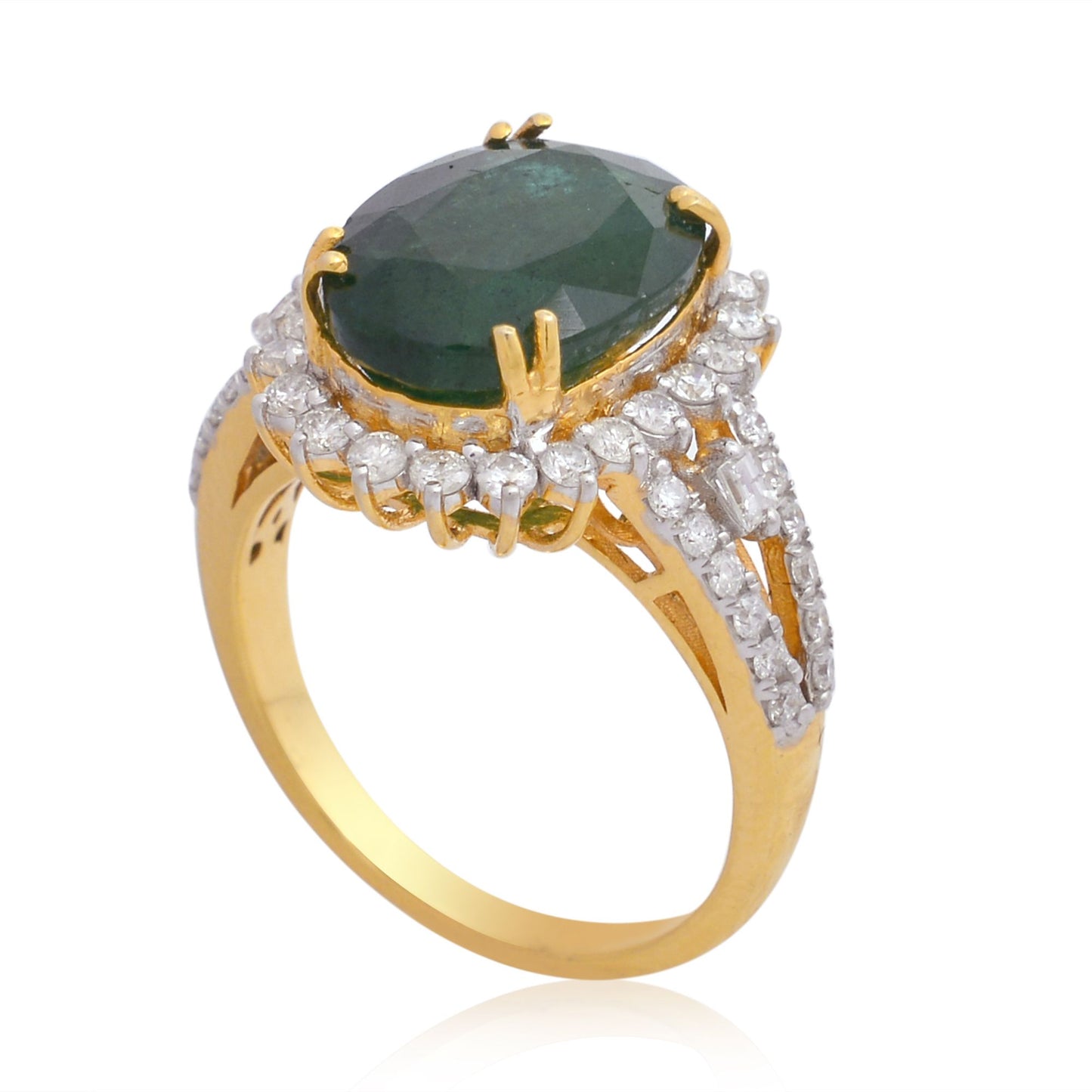 Solid 18Kt White Gold SI Clarity HI Color Diamond Oval Emerald Gemstone Ring