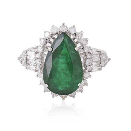 Pear Emerald Gemstone Ring 18 Kt White Gold SI/HI Baguette Diamond Jewelry