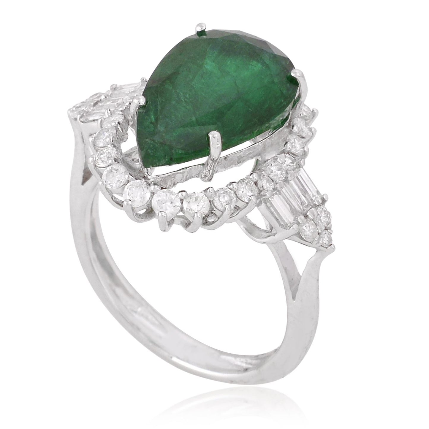 Pear Emerald Gemstone Ring 18 Kt White Gold SI/HI Baguette Diamond Jewelry