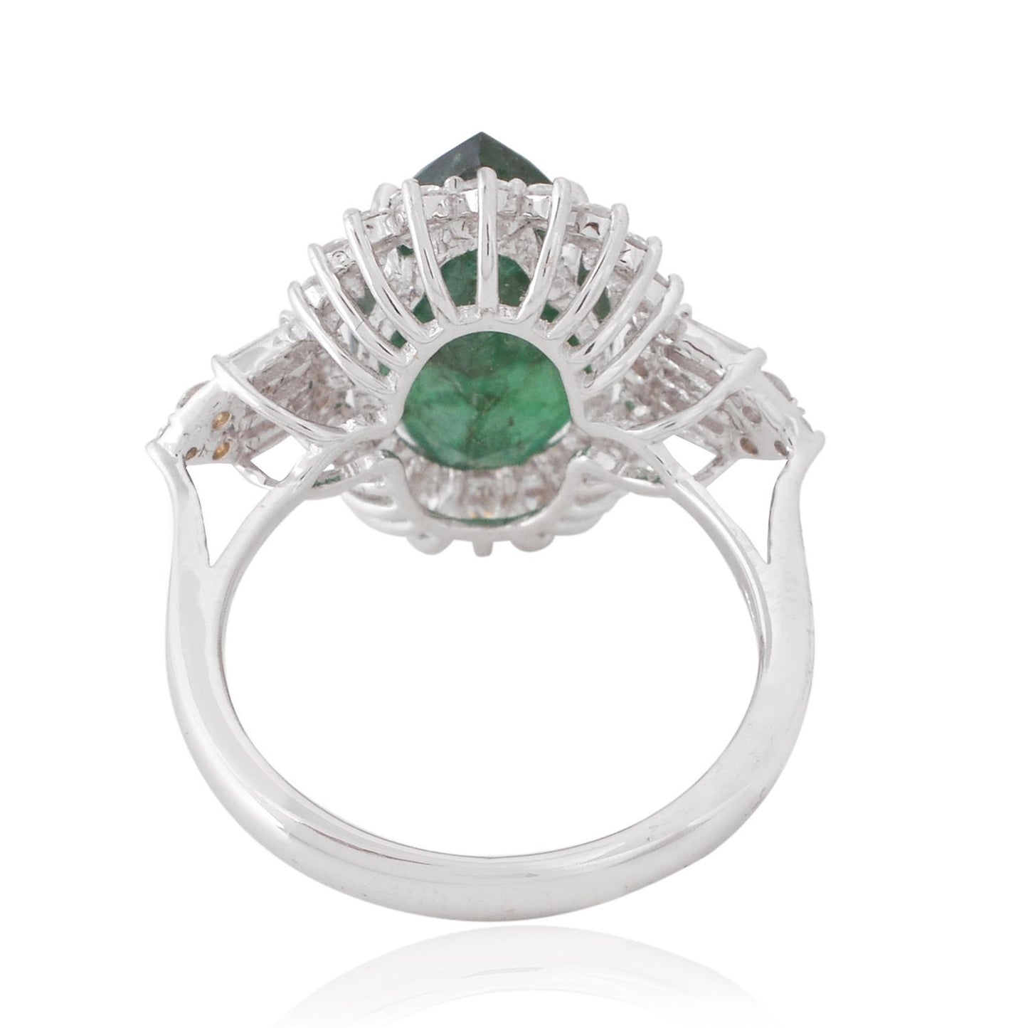 Pear Emerald Gemstone Ring 18 Kt White Gold SI/HI Baguette Diamond Jewelry