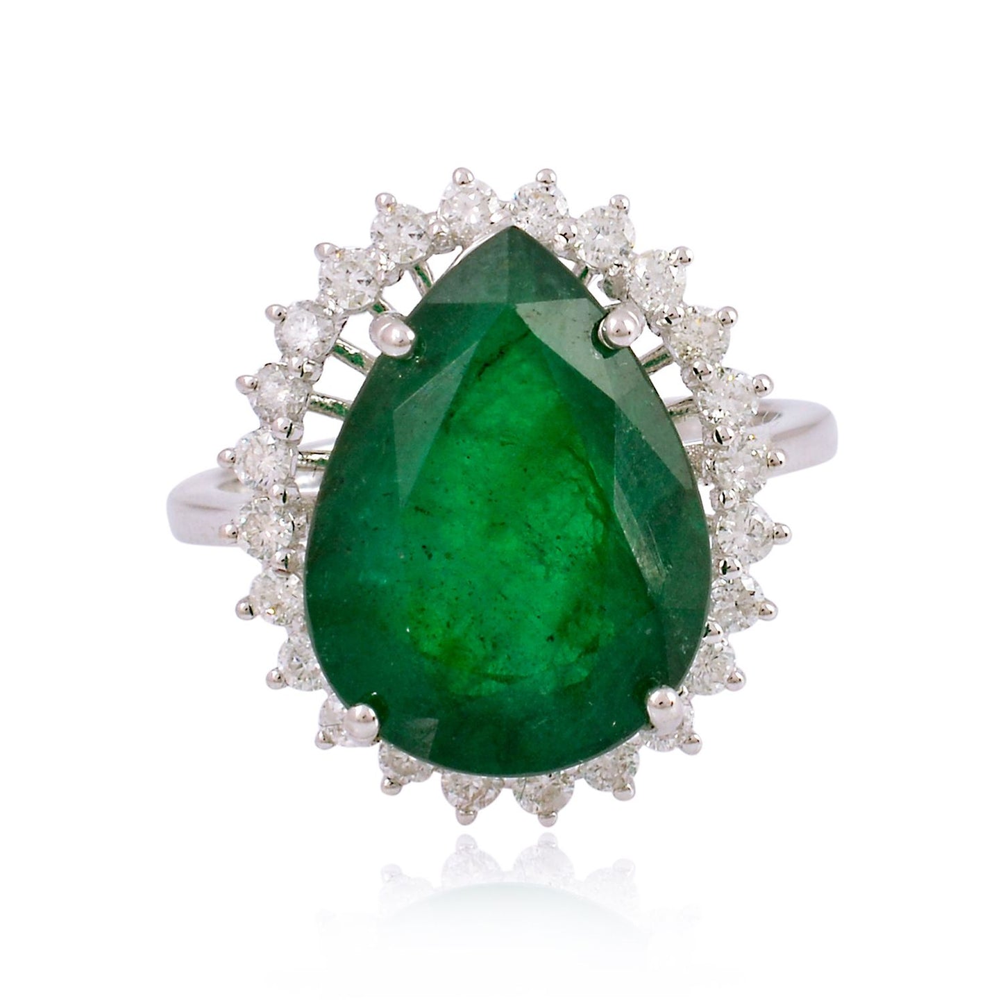 Pear Emerald Gemstone Ring 18 Kt White Gold SI/HI Round Diamond Jewelry