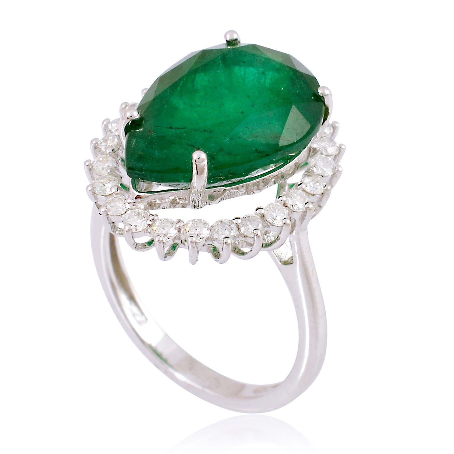 Pear Emerald Gemstone Ring 18 Kt White Gold SI/HI Round Diamond Jewelry