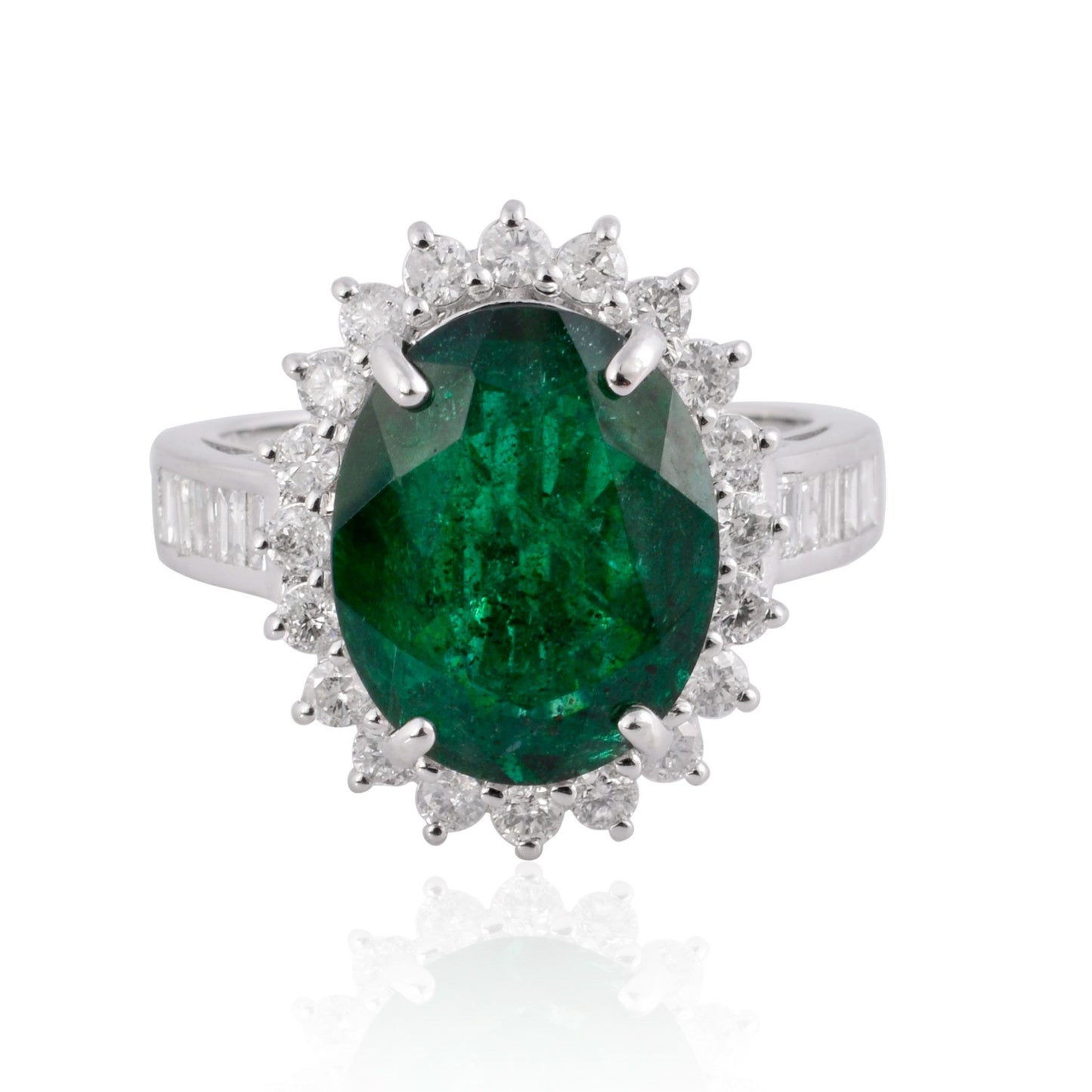 Solid 18Kt White Gold SI Clarity HI Color Baguette Diamond Natural Oval Emerald Gemstone Ring