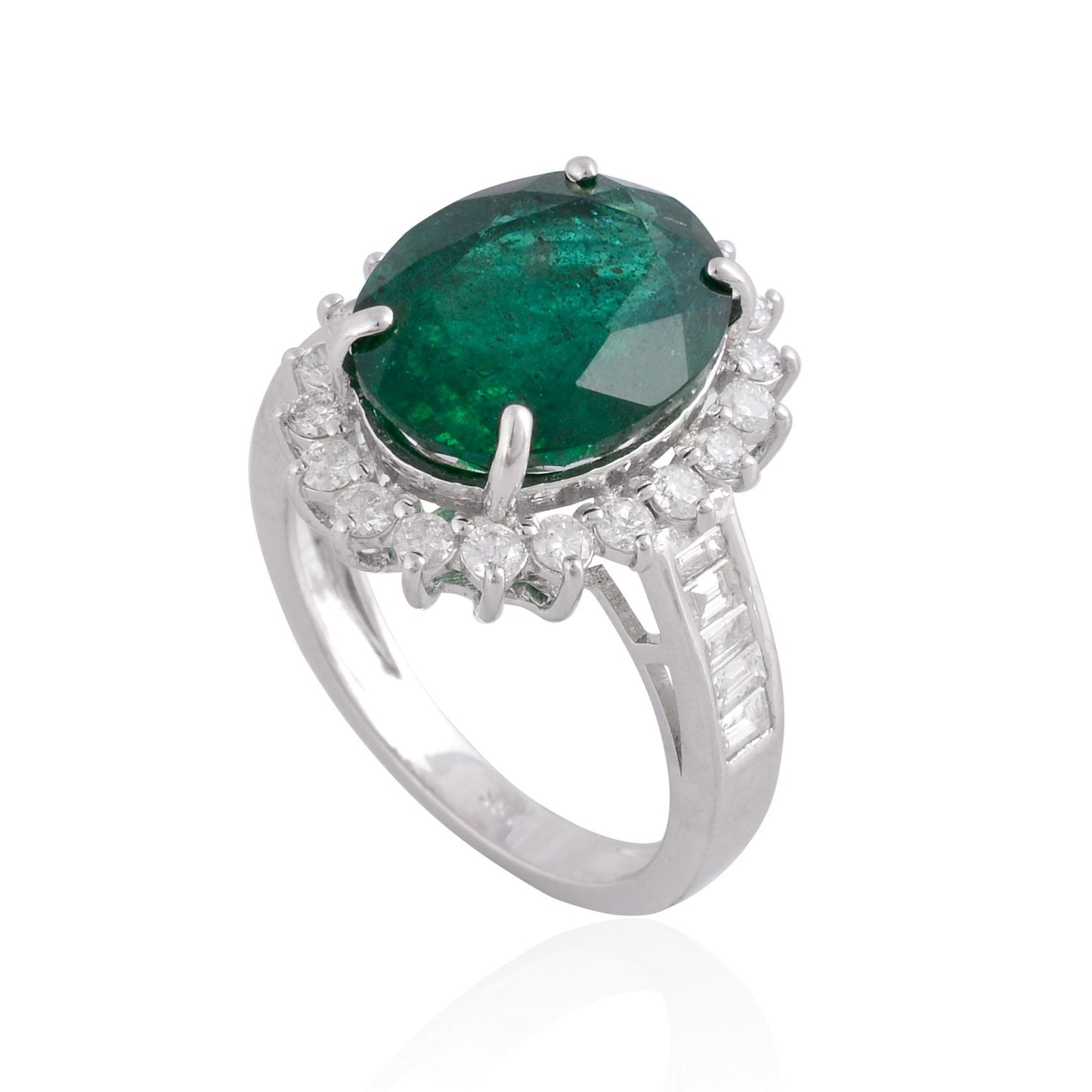 Solid 18Kt White Gold SI Clarity HI Color Baguette Diamond Natural Oval Emerald Gemstone Ring