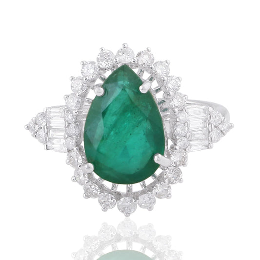 Solid 18Kt White Gold SI Clarity HI Color Baguette Diamond Pear Emerald Gemstone Ring