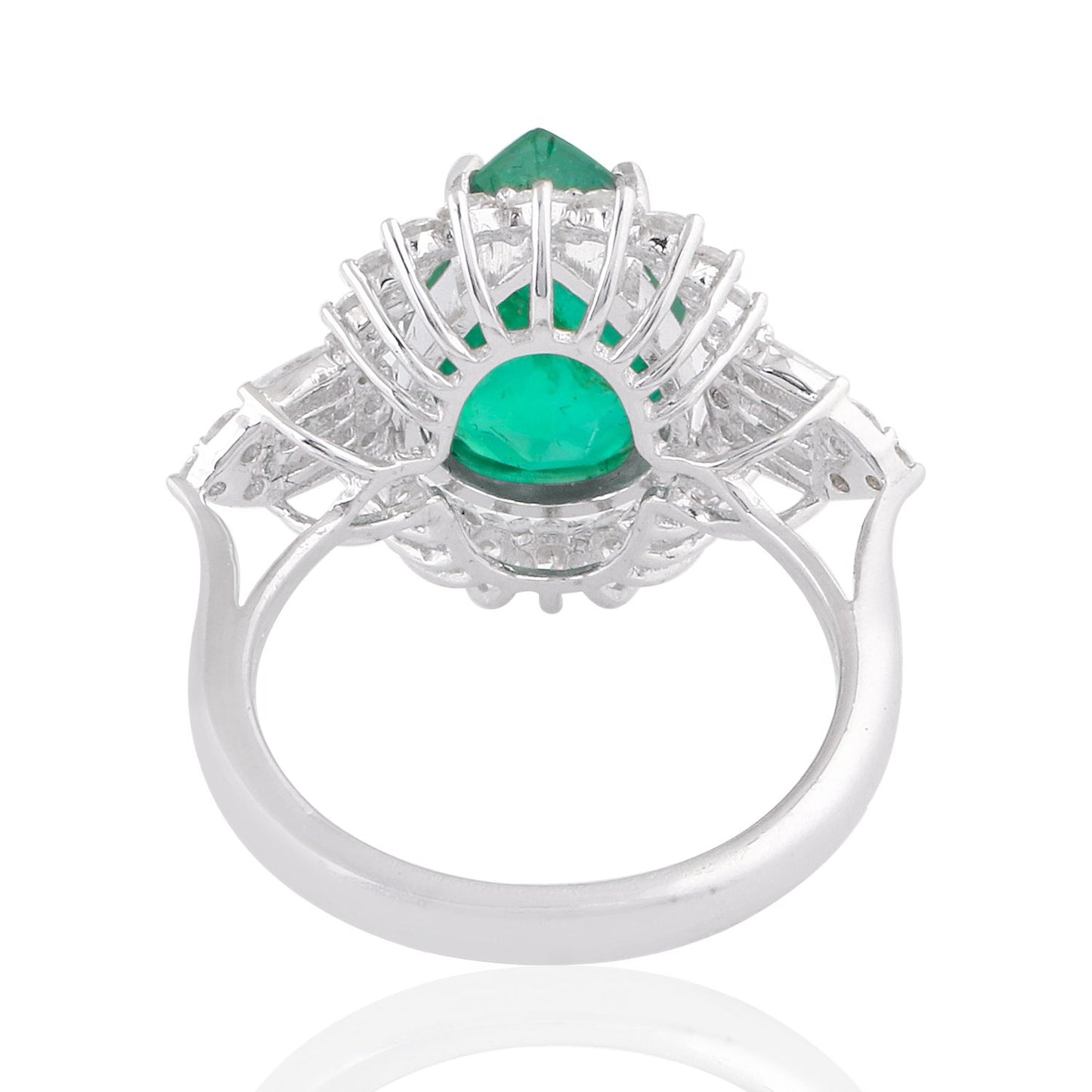 Solid 18Kt White Gold SI Clarity HI Color Baguette Diamond Pear Emerald Gemstone Ring