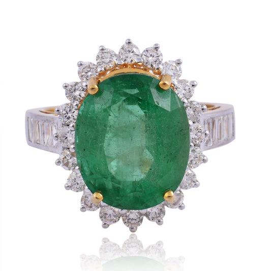 4.25 Ct. Emerald Gemstone Cocktail Ring Diamond 18k Yellow Gold Handmade Jewelry