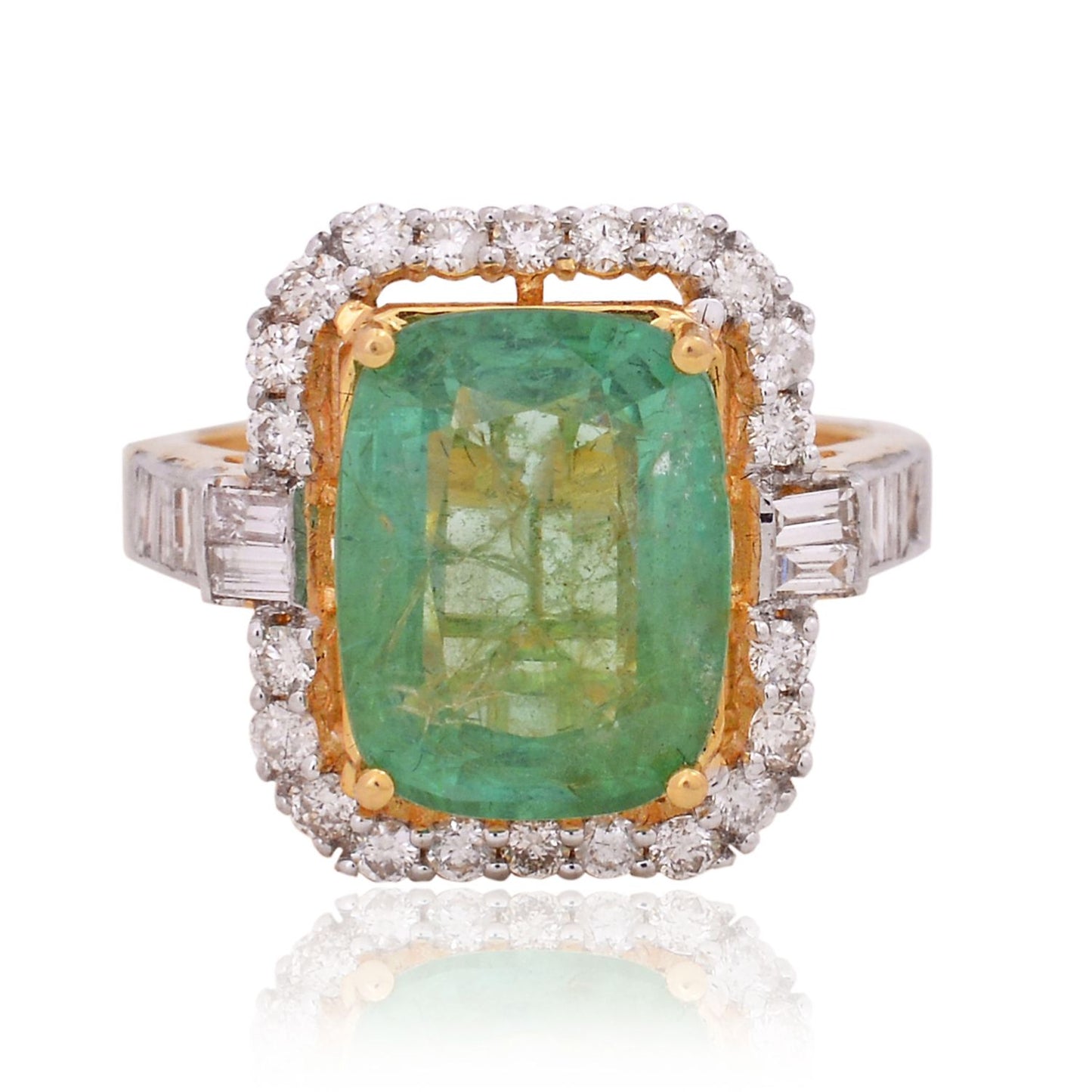 Solid 18Kt Yellow Gold SI Clarity HI Color Diamond Emerald Gemstone Cocktail Ring