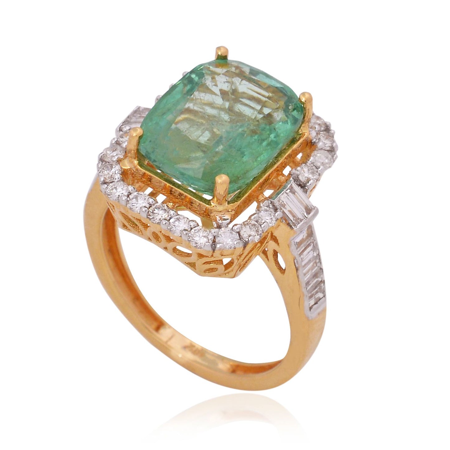 Solid 18Kt Yellow Gold SI Clarity HI Color Diamond Emerald Gemstone Cocktail Ring