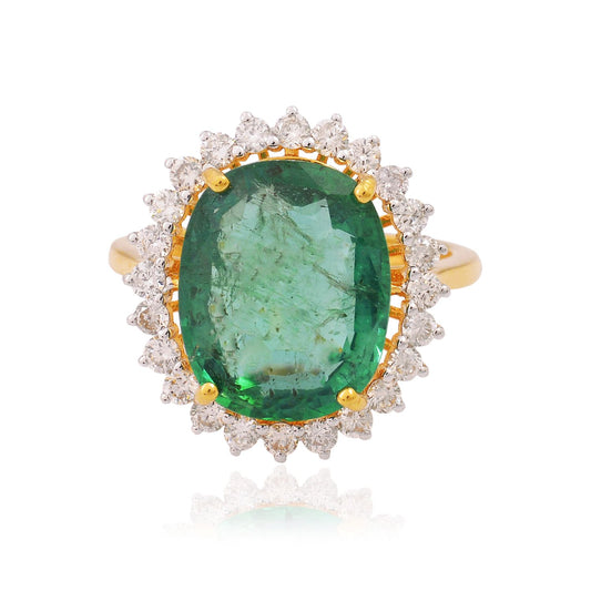 Solid 18Kt Yellow Gold SI Clarity HI Color Diamond Emerald Gemstone Ring