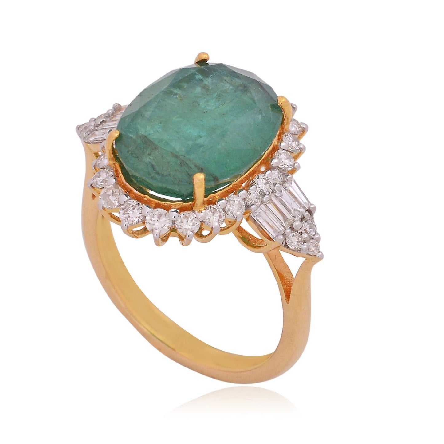 Solid 18Kt Rose Gold SI Clarity HI Color Diamond Oval Emerald Gemstone Ring