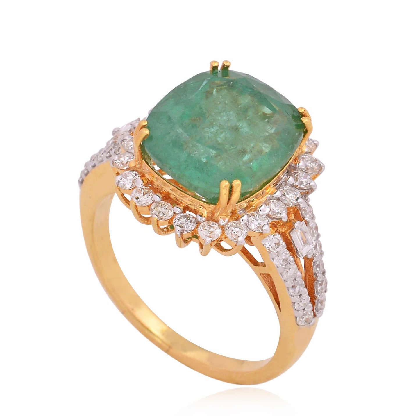 Solid 18Kt Yellow Gold SI Clarity HI Color Diamond Emerald Gemstone Ring