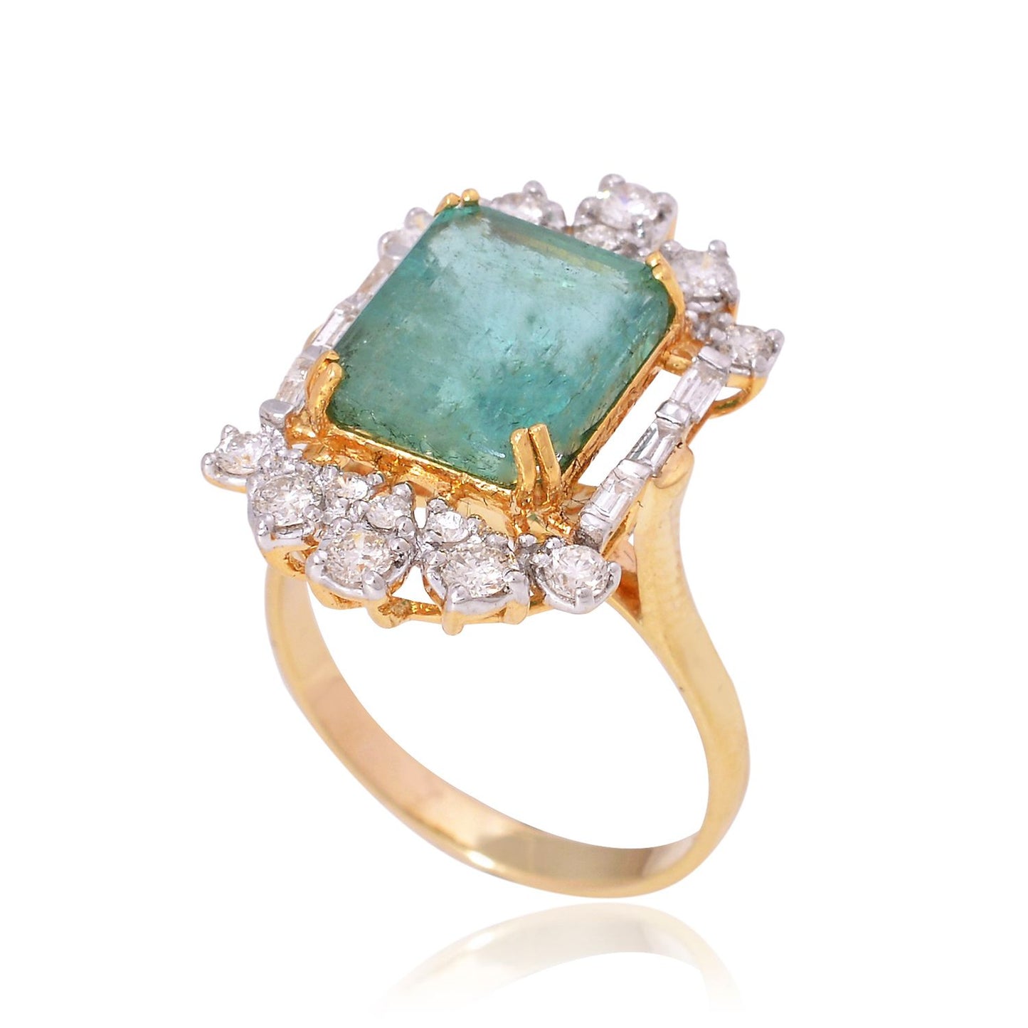 Real Emerald Gemstone Ring SI Clarity HI Color 18Kt Yellow Gold Jewelry