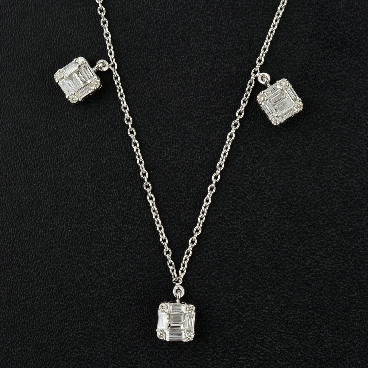 1.40 TCW Solid 18 Kt White Gold Baguette & Round SI Clarity HI Color Charm Diamond Necklace Chain