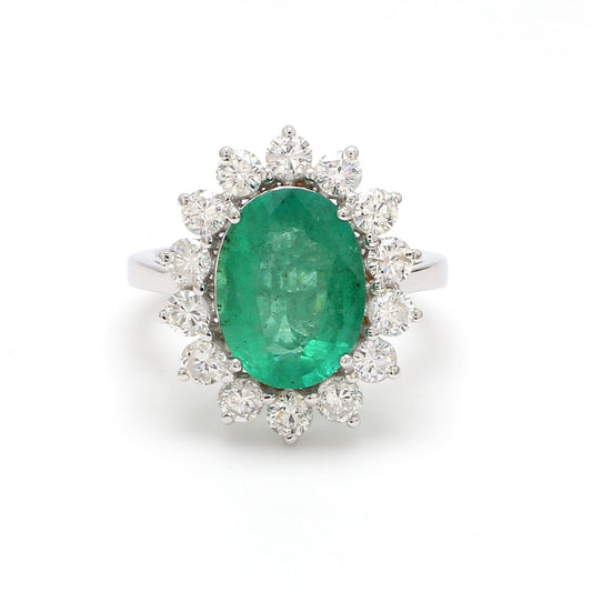 Emerald Gemstone Ring 18k White Gold SI/HI Pave Diamond Fine Jewelry