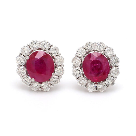 Real Ruby Solid 18 Kt White Gold SI Clarity HI Color Diamond Stud Earrings