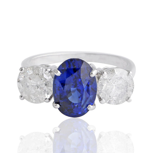 Real Blue Sapphire & Diamond Solid 18Kt White Gold Proposal Ring