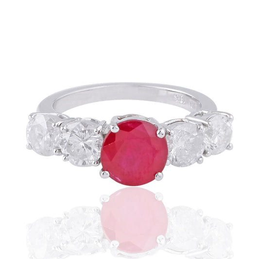 Round Shaped Ruby Solid 18Kt White Gold SI Clarity HI Color Diamond Promise Ring