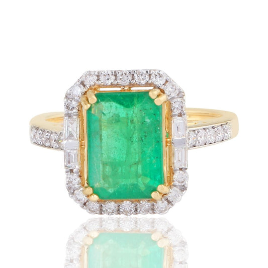 Genuine Emerald Solid 18Kt Yellow Gold SI Clarity HI Color Pave Diamond Promise Ring