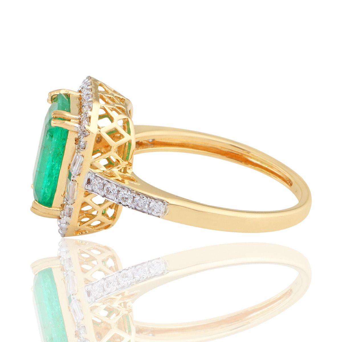 Genuine Emerald Solid 18Kt Yellow Gold SI Clarity HI Color Pave Diamond Promise Ring