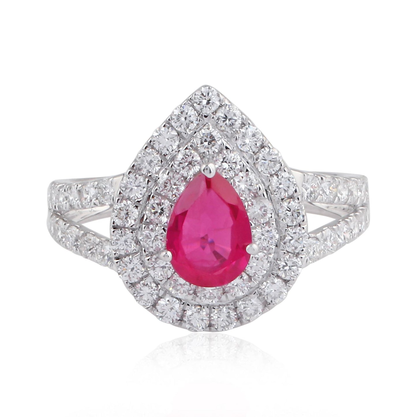 Pear Ruby HI/SI Diamond Ring Solid 18K White Gold Handmade Fine Jewelry