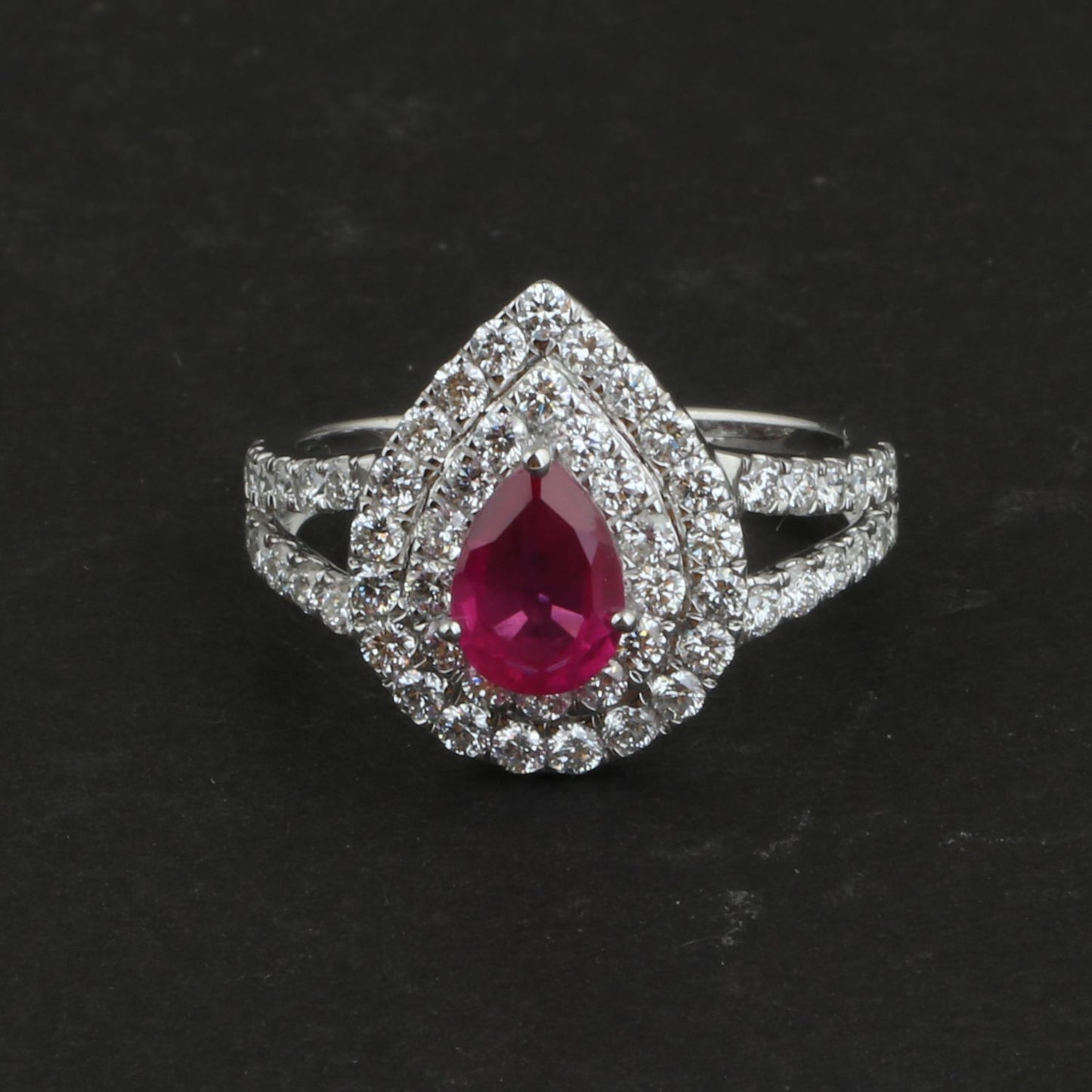 Pear Ruby HI/SI Diamond Ring Solid 18K White Gold Handmade Fine Jewelry