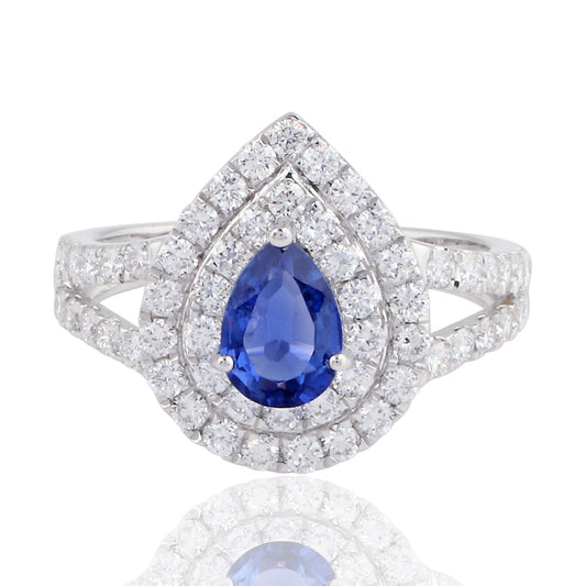 Pear Blue Sapphire Gemstone HI/SI Diamond Ring 18K White Gold Jewelry