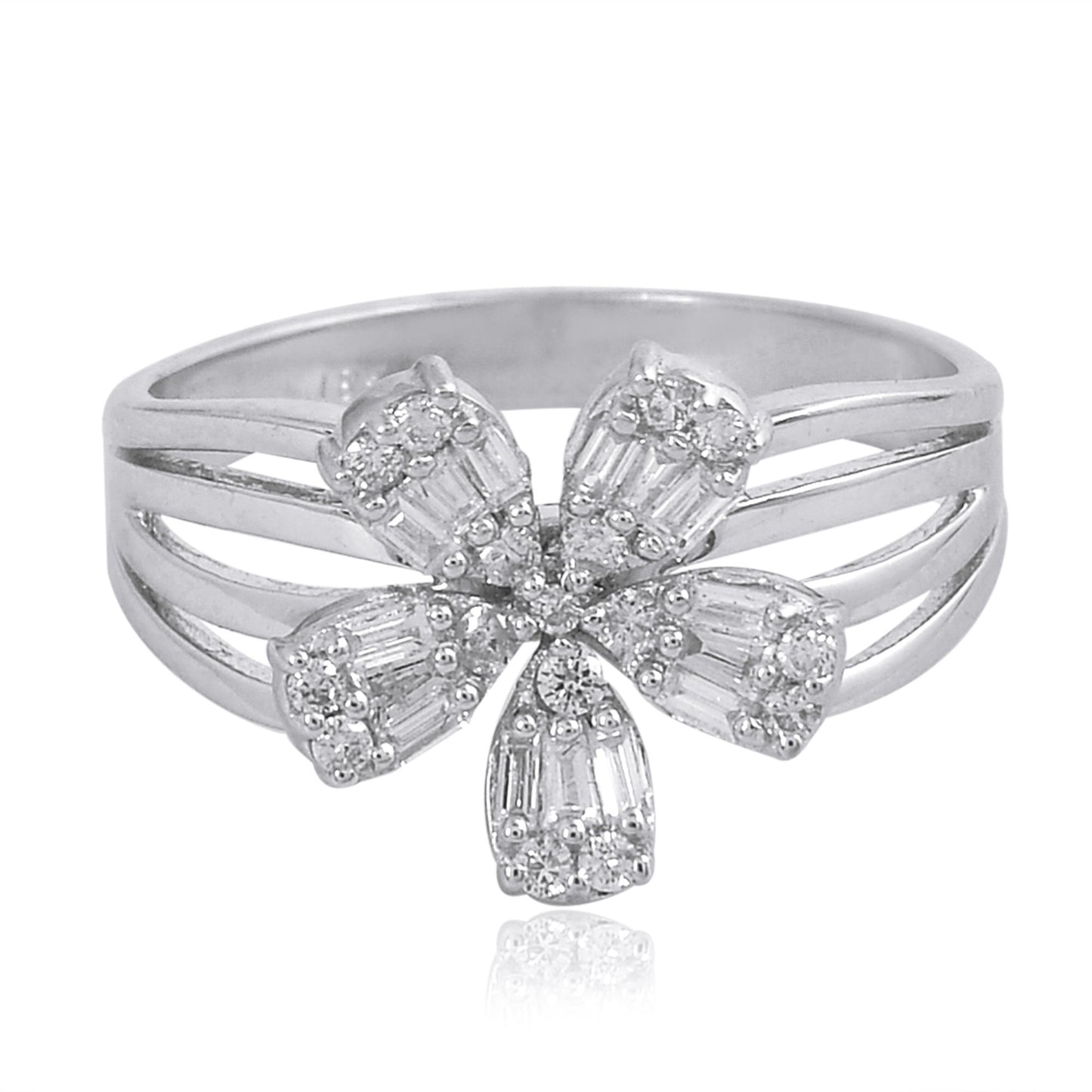 Natural 0.45 Ct Baguette Diamond Flower Ring Solid 18k White Gold Fine Jewelry