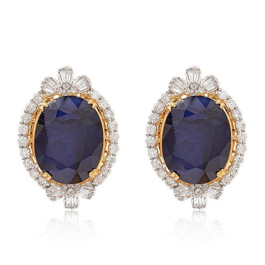 Oval Shaped Processed Blue Sapphire Solid 18 Kt Yellow Gold SI/HI Diamond Handmade Earrings