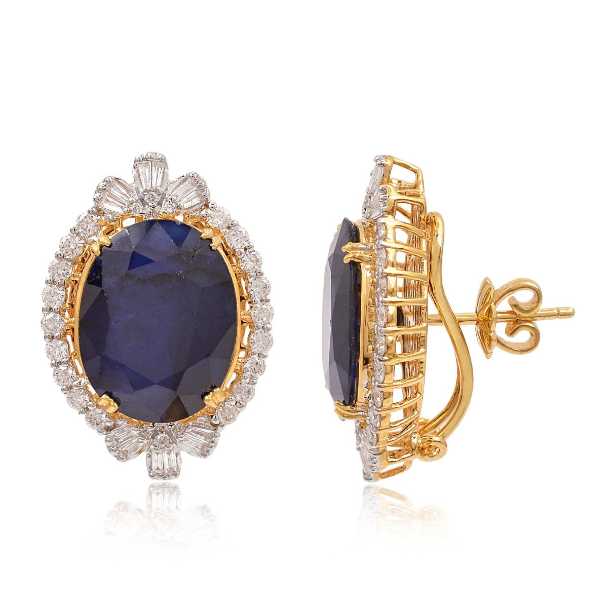 Oval Shaped Processed Blue Sapphire Solid 18 Kt Yellow Gold SI/HI Diamond Handmade Earrings
