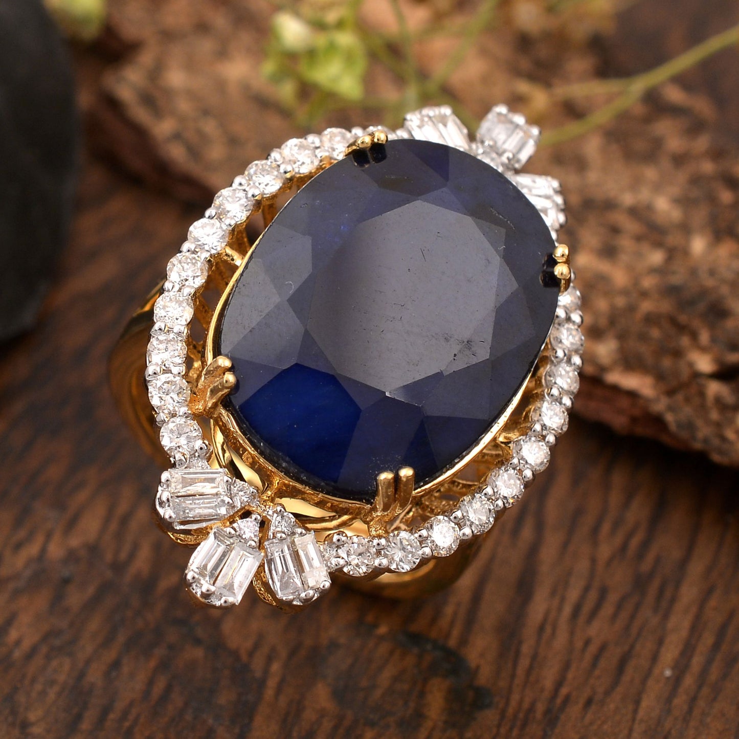 Solid 18Kt Gold Processed Blue Sapphire Baguette Diamond Cocktail Ring Jewelry