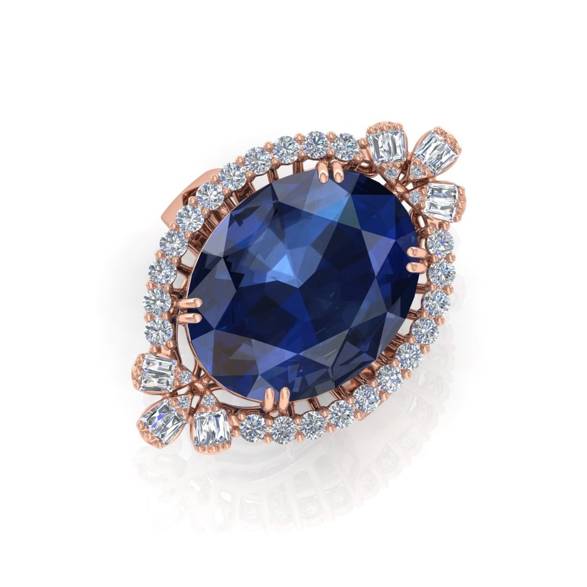 Solid 18Kt Gold Processed Blue Sapphire Baguette Diamond Cocktail Ring Jewelry